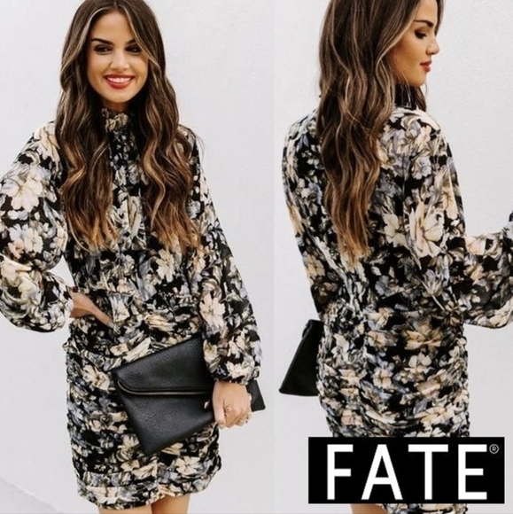 FATE Dark Floral Ruched Bodycon Mini Dress Ruffle Mock Neck Rear Zipper S - Picture 2 of 13